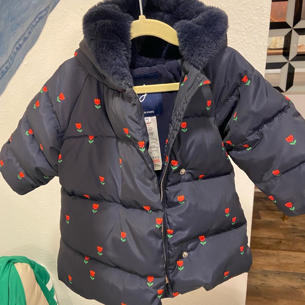 Jacadi Paris Flower Print Navy 18M Baby Girl Padded Jacket